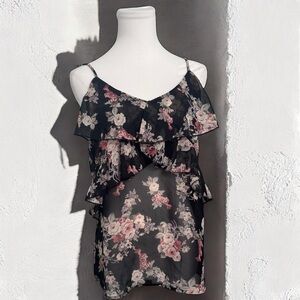 Y2K vintage Black Sheer Floral Ruffle Cami Top S